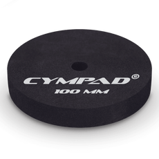 Close-up of a single Cympad Moderator 100mm cymbal washer – Extra-large black foam pad designed to reduce cymbal volume and overtones for maximum sound control during practice or performance. Features bold white Cympad logo and size marking.