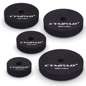 Cympad Moderator Super Set – 10-piece cymbal washer set in various sizes (50mm to 90mm), designed to reduce cymbal volume and overtones for a more controlled sound. Ideal for practice, live performance, and studio sessions. High-quality foam construction with clear size markings and Cympad logo