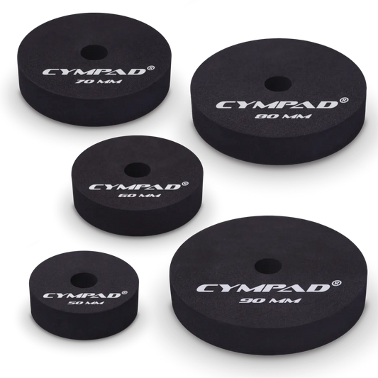 Cympad Moderator Super Set – 10-piece cymbal washer set in various sizes (50mm to 90mm), designed to reduce cymbal volume and overtones for a more controlled sound. Ideal for practice, live performance, and studio sessions. High-quality foam construction with clear size markings and Cympad logo