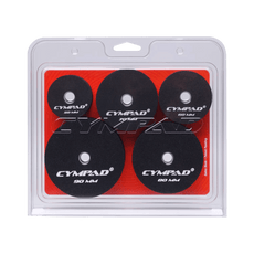 Front view of Cympad Moderator Super Set in retail packaging – Includes five pairs of cymbal washers in assorted sizes (50mm to 90mm), designed to control cymbal volume and overtones. Features black foam pads with white Cympad logos, set against a orange background inside clear clamshell packaging.