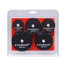 Front view of Cympad Moderator Super Set in retail packaging – Includes five pairs of cymbal washers in assorted sizes (50mm to 90mm), designed to control cymbal volume and overtones. Features black foam pads with white Cympad logos, set against a orange background inside clear clamshell packaging.