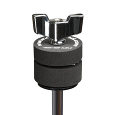 Cympad Optimizer 12mm washers placed on a cymbal stand, featuring white text. These durable washers are designed to improve cymbal performance, offering enhanced control, stability, and sound quality for drummers.