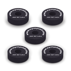 Five Cympad Optimizer 12mm washers arranged together, each featuring white text. These durable washers are designed to improve cymbal performance by providing enhanced control, stability, and sound quality for drummers.