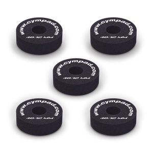 Five Cympad Optimizer 12mm washers arranged together, each featuring white text. These durable washers are designed to improve cymbal performance by providing enhanced control, stability, and sound quality for drummers.