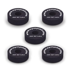 Five Cympad Optimizer 12mm washers arranged together, each featuring white text. These durable washers are designed to improve cymbal performance by providing enhanced control, stability, and sound quality for drummers.