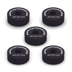 Five Cympad Optimizer 15mm washers arranged together, each featuring white text. These durable washers are designed to improve cymbal performance by providing enhanced control, stability, and sound quality for drummers.