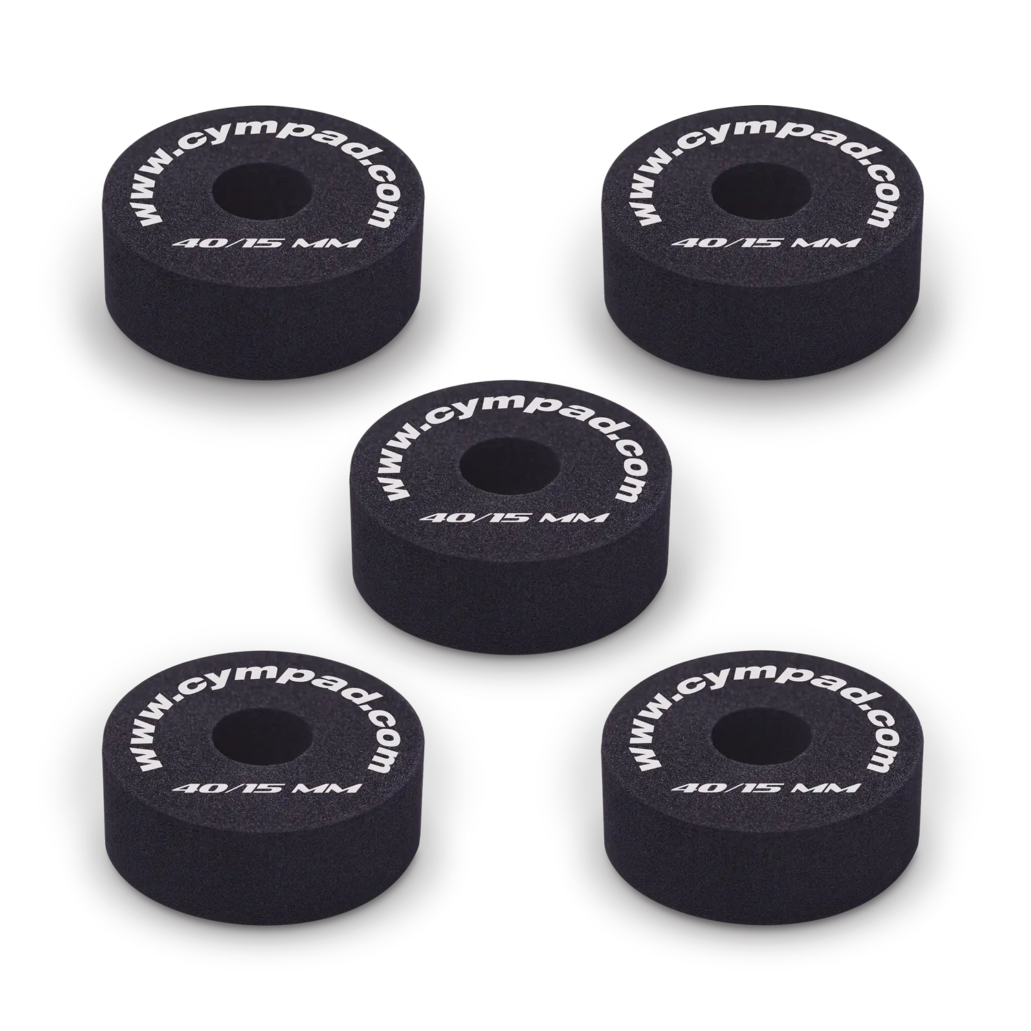 Five Cympad Optimizer 15mm washers arranged together, each featuring white text. These durable washers are designed to improve cymbal performance by providing enhanced control, stability, and sound quality for drummers.