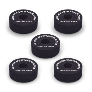 Five Cympad Optimizer 15mm washers arranged together, each featuring white text. These durable washers are designed to improve cymbal performance by providing enhanced control, stability, and sound quality for drummers.