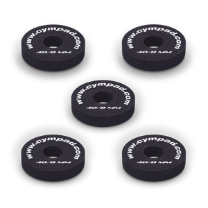 Five Cympad Optimizer 8mm washers arranged together, each featuring white text. These durable washers are designed to improve cymbal performance by providing enhanced control, stability, and sound quality for drummers.