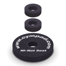 Cympad Optimizer Hi-Hat, Clutch, and Seat set, featuring white text on each piece. These high-quality washers are designed to enhance cymbal sound and performance, offering improved control, stability, and durability for drummers.