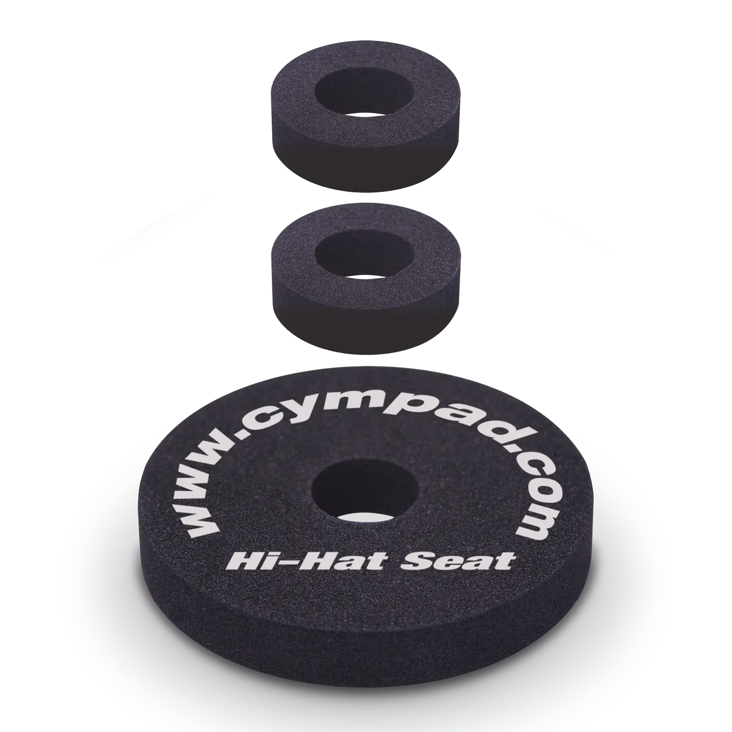 Cympad Optimizer Hi-Hat, Clutch, and Seat set, featuring white text on each piece. These high-quality washers are designed to enhance cymbal sound and performance, offering improved control, stability, and durability for drummers.