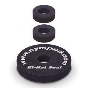 Cympad Optimizer Hi-Hat, Clutch, and Seat set, featuring white text on each piece. These high-quality washers are designed to enhance cymbal sound and performance, offering improved control, stability, and durability for drummers.
