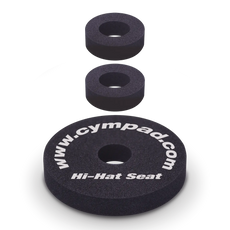 Cympad Optimizer Hi-Hat, Clutch, and Seat set, featuring white text on each piece. These high-quality washers are designed to enhance cymbal sound and performance, offering improved control, stability, and durability for drummers.