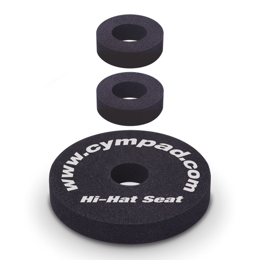 Cympad Optimizer Hi-Hat, Clutch, and Seat set, featuring white text on each piece. These high-quality washers are designed to enhance cymbal sound and performance, offering improved control, stability, and durability for drummers.